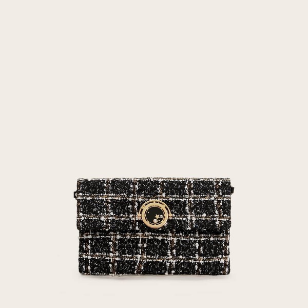 

Rhinestone & Faux Pearl Decor Tweed Clutch Bag, Black