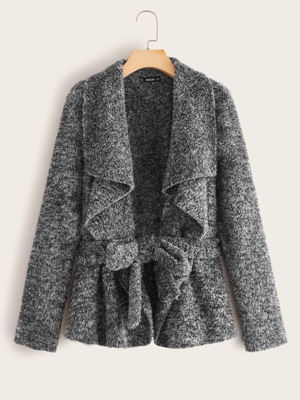 

Open Front Belted Fuzzy Waterfall Coat, Grey