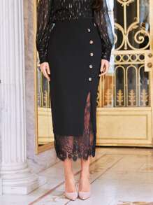 SHEIN Unity Single Breasted Split Hem Lace Detail Skirt - Black - View 4