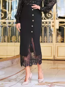 SHEIN Unity Single Breasted Split Hem Lace Detail Skirt - Black - View 1