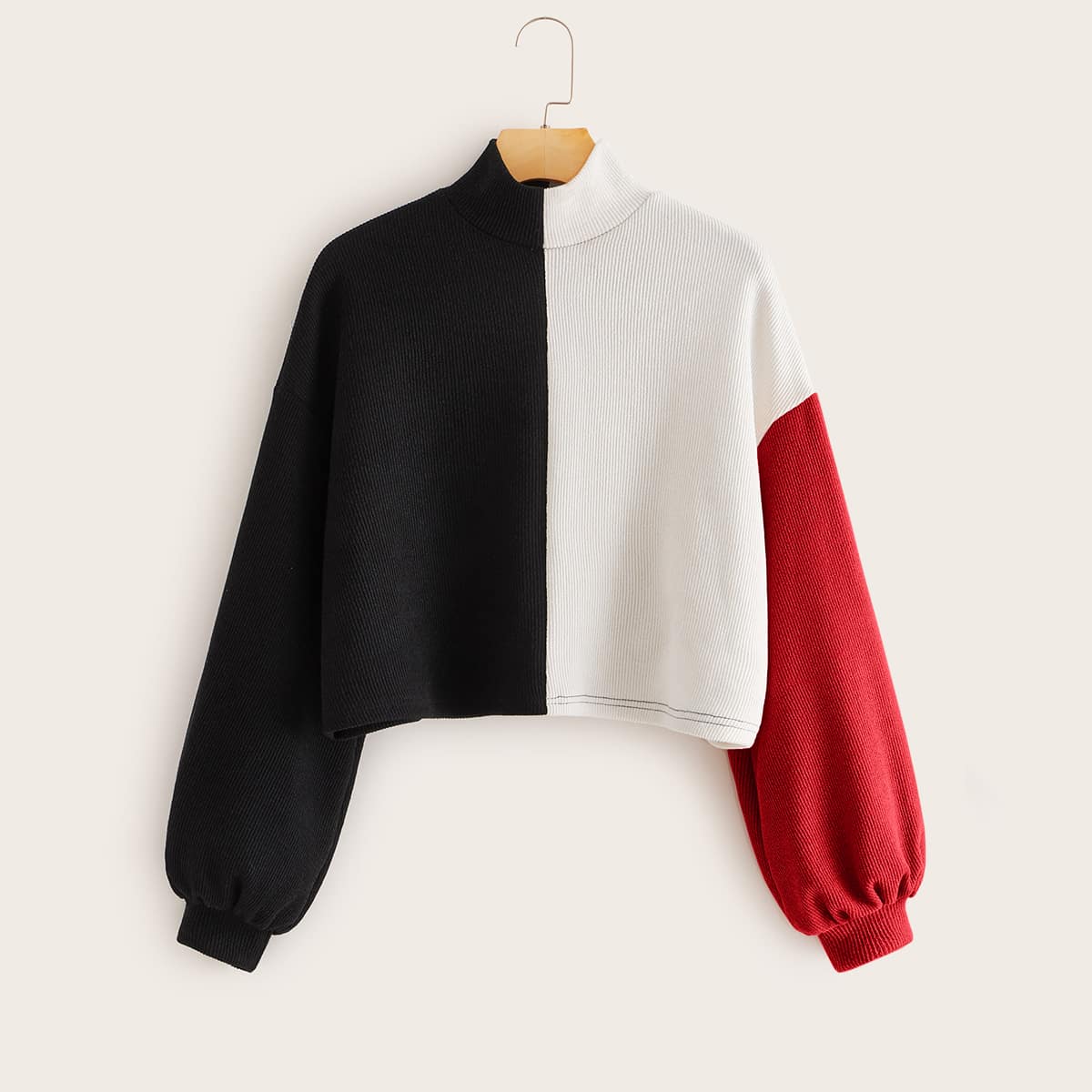 

Mock Neck Drop Shoulder Colorblock Ribbed Sweater, Multicolor