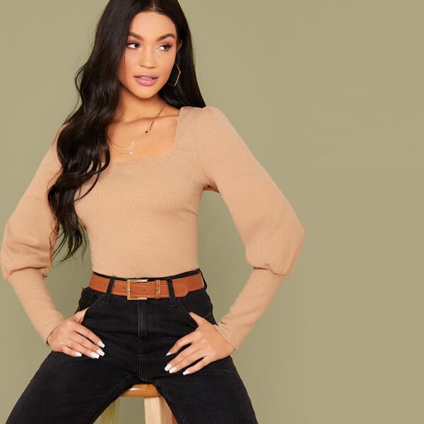 

Gigot Sleeve Rib-knit Top, Khaki