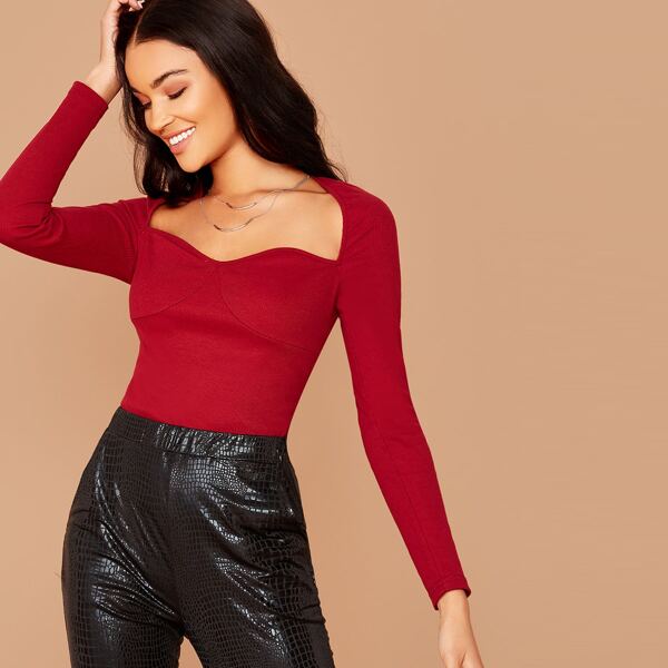 

Square Neck Rib-knit Bustier Tee, Red