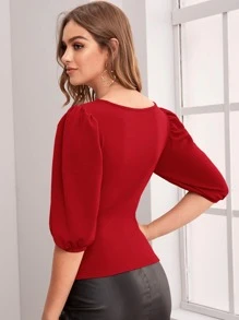 SHEIN Privé Puff Sleeve Square Neck Slim Top - Red - View 2