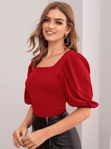 SHEIN Privé Puff Sleeve Square Neck Slim Top - Red - View 4