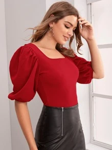 SHEIN Privé Puff Sleeve Square Neck Slim Top - Red - View 1