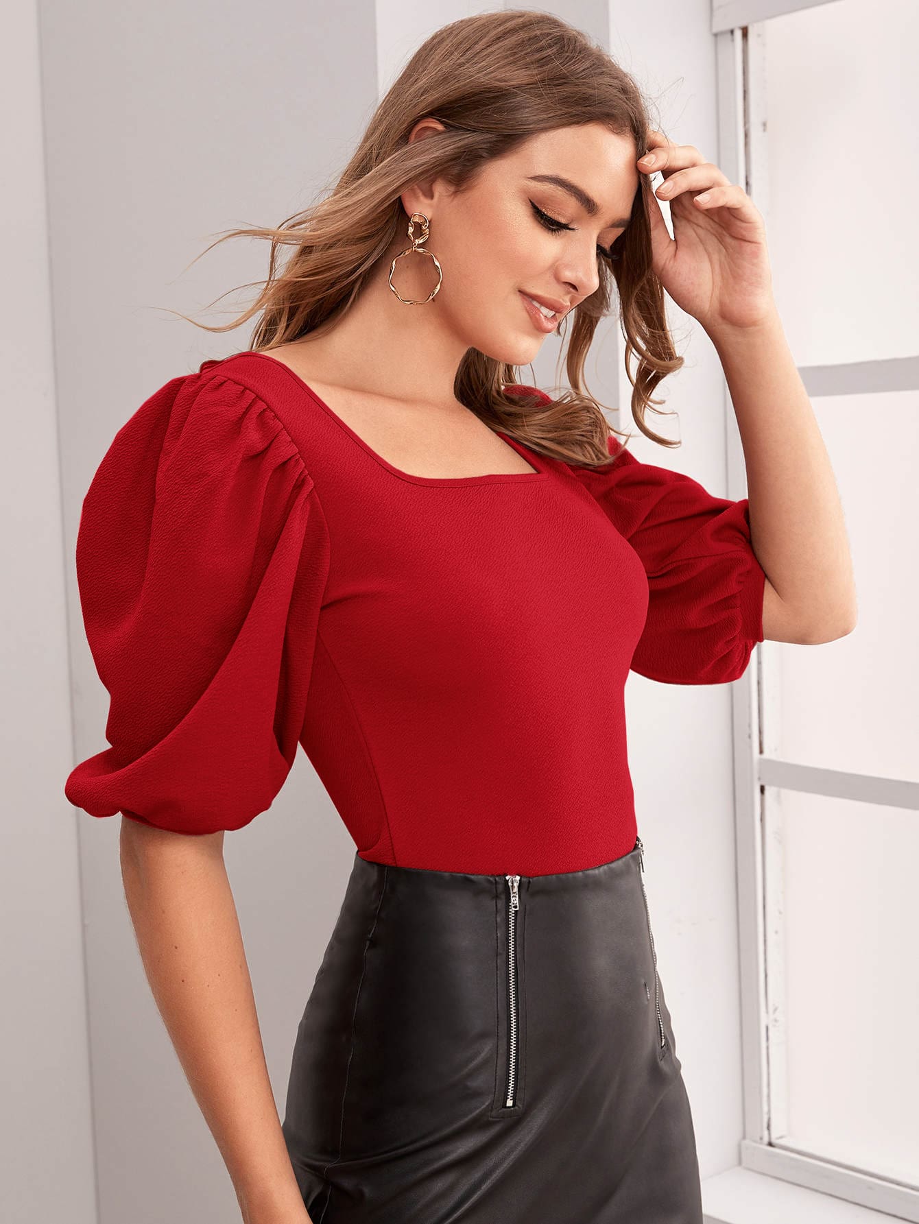 SHEIN Privé Puff Sleeve Square Neck Slim Top - Red - View 1