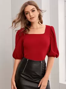 SHEIN Privé Puff Sleeve Square Neck Slim Top - Red - View 3