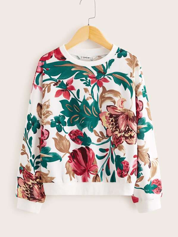 

Girls Drop Shoulder Floral Print Pullover, Multicolor