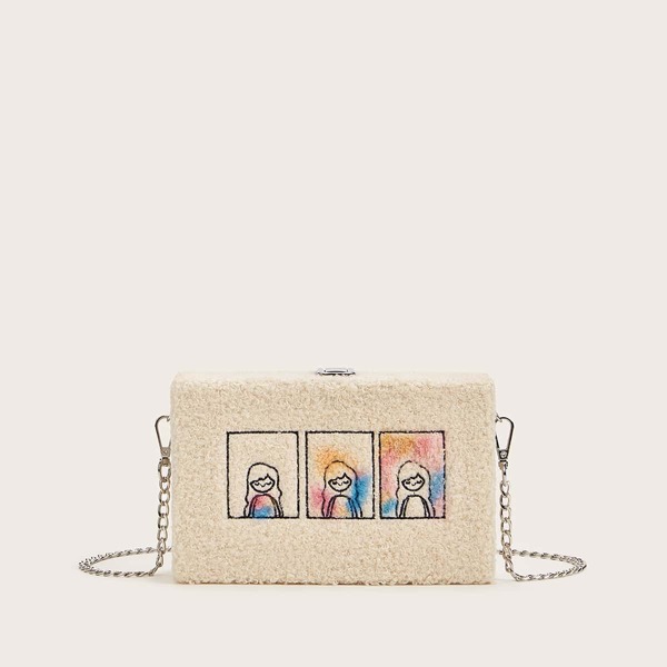 

Faux Fur Figure Pattern Chain Bag, Beige