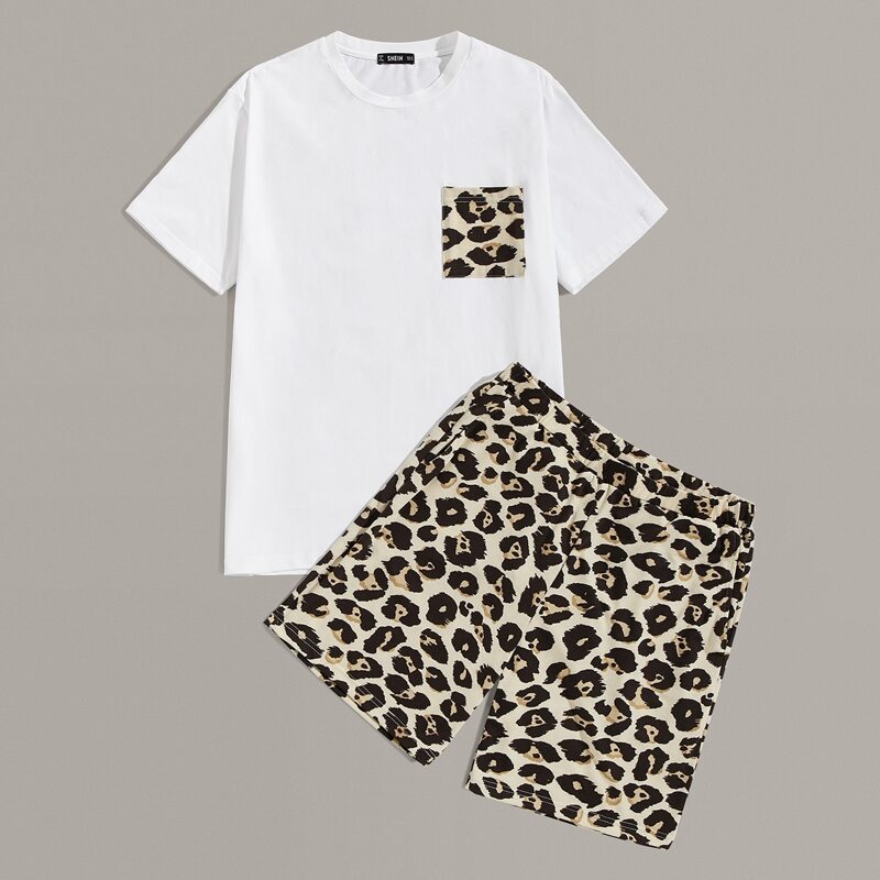 

Guys Contrast Leopard Patched Pocket Top & Shorts PJ Set, Multicolor