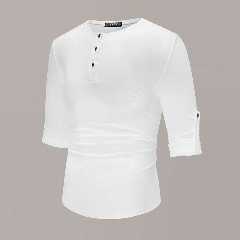 

Guys Button Half Placket Roll Tab Sleeve Tee, White