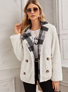 Contrast Gingham Panel Waterfall Teddy Coat