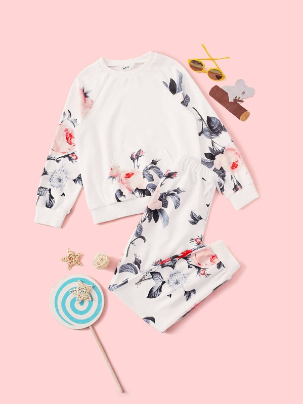 

Girls Floral Print Raglan Sleeve Pullover & Sweatpants Set, White, Sashab