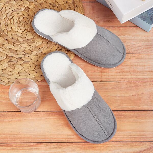 

Men Contrast Faux Fur Slippers, Grey