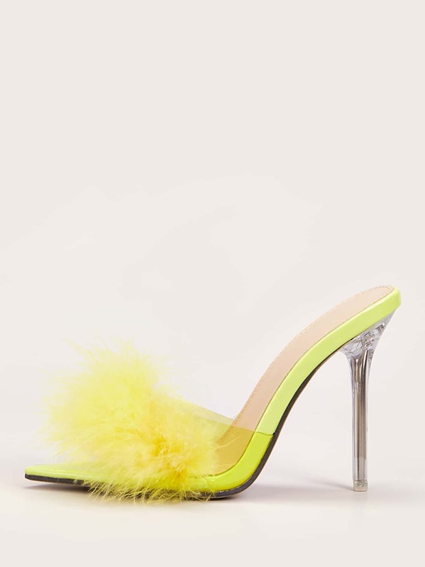 

Faux Fur Decor Stiletto Heeled Mules, Yellow