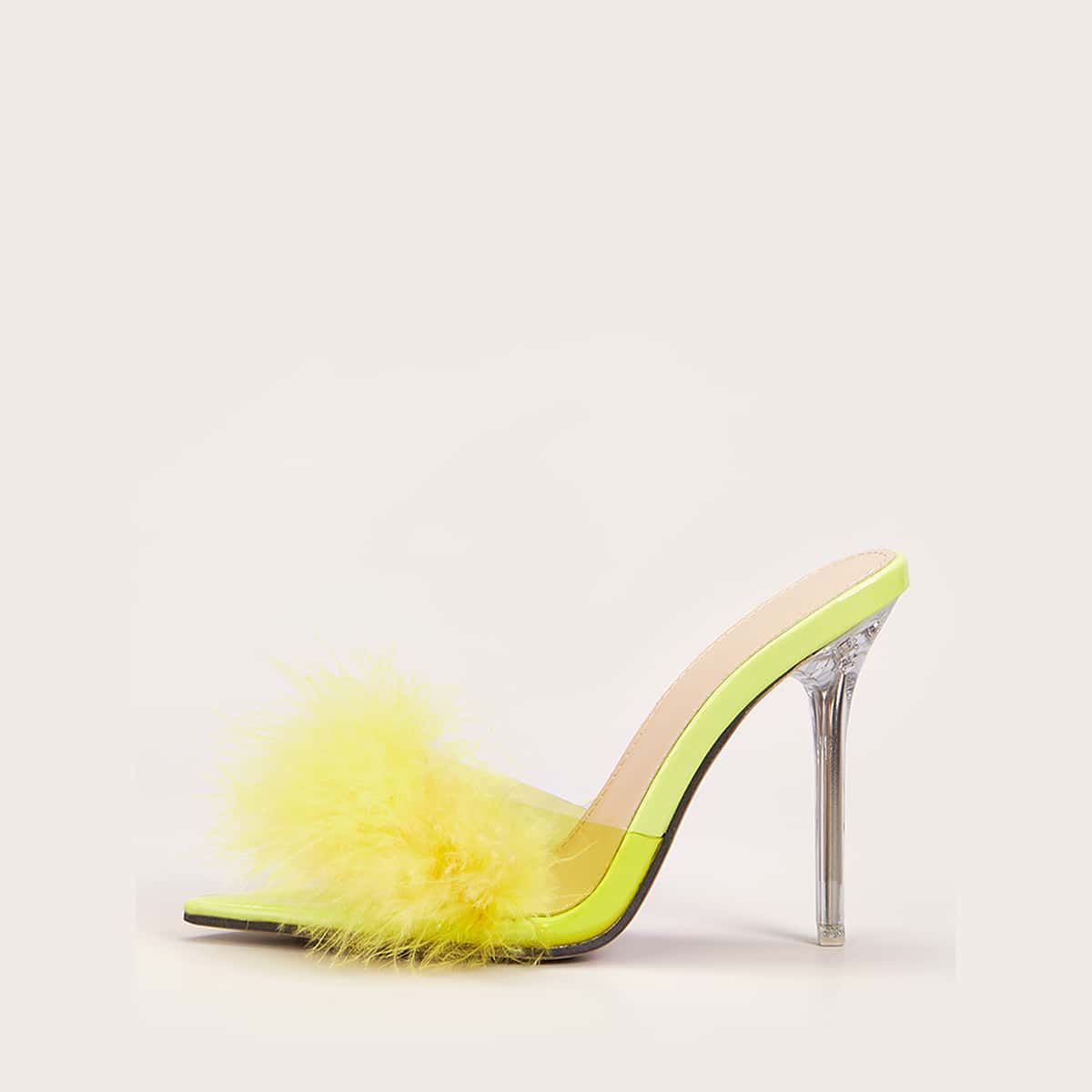 

Faux Fur Decor Stiletto Heeled Mules, Yellow bright