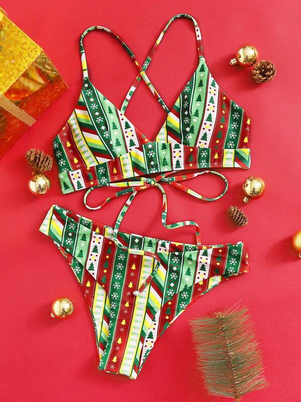 

Christmas Tie Back Triangle Bikini Set, Multicolor