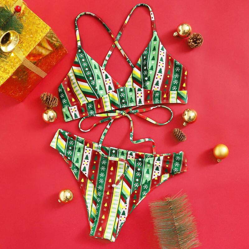 

Christmas Tie Back Triangle Bikini Set, Multicolor