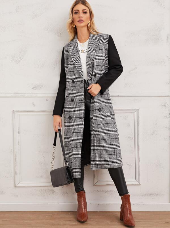 

Notch Collar Plaid Print Pea Coat, Black and white, Nathane