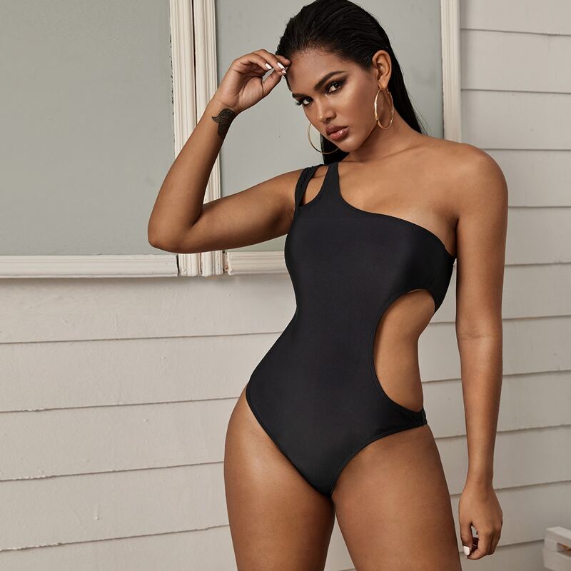 

Cut Out One Shoulder One Piece Swimsuit, Black