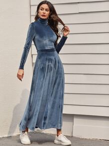 SHEIN 高領合身天鵝絨T恤和超長半身裙套裝 - 藏蓝色 - 查看 1