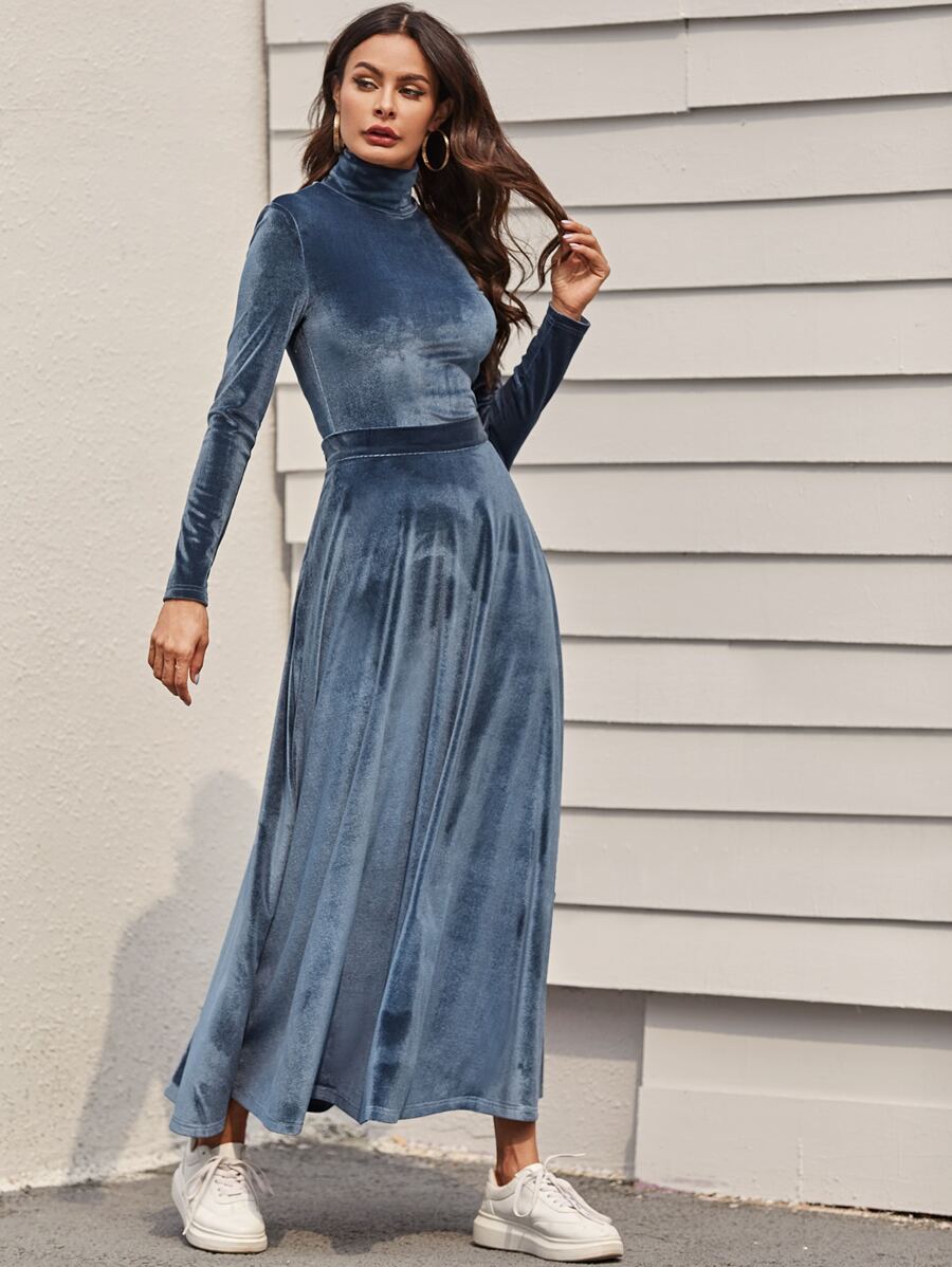 SHEIN 高領合身天鵝絨T恤和超長半身裙套裝 - 藏蓝色 - 查看 1