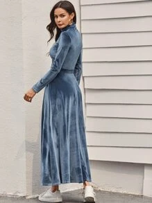 SHEIN 高領合身天鵝絨T恤和超長半身裙套裝 - 藏蓝色 - 查看 2