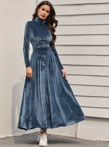 SHEIN 高領合身天鵝絨T恤和超長半身裙套裝 - 藏蓝色 - 查看 3