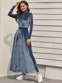 SHEIN 高領合身天鵝絨T恤和超長半身裙套裝 - 藏蓝色 - 查看 4