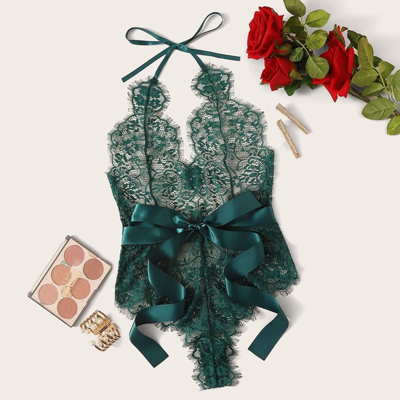 

Floral Lace Halter Teddy Bodysuit, Dark green