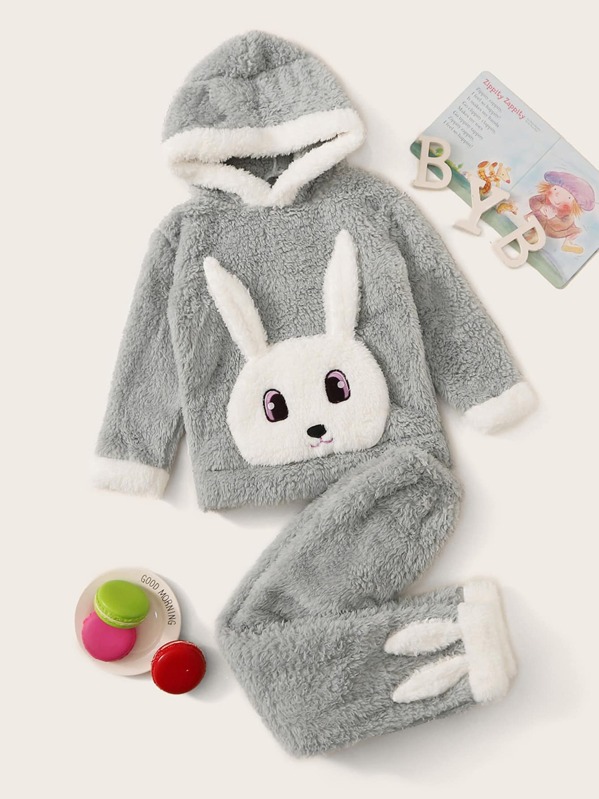 

Girls Cartoon Rabbit Print Plush PJ Set, Grey
