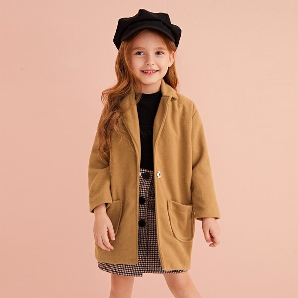 

Toddler Girls Lapel Collar Dual Pockets Overcoat, Camel