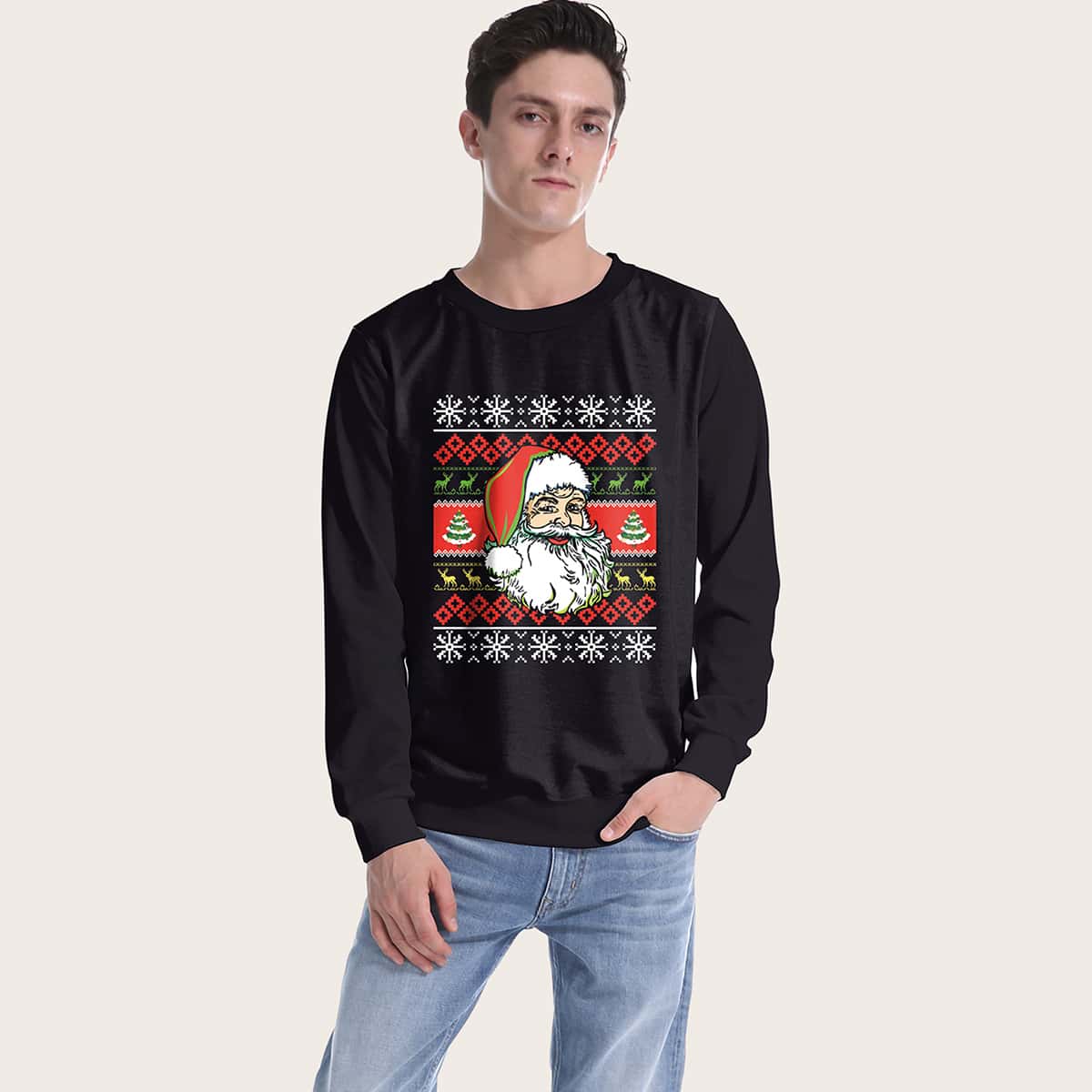 

Guys Christmas Print Round Neck Sweatshirt, Black