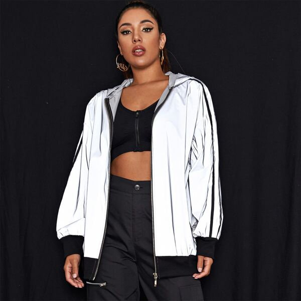 

Zip Up Hooded Tape Side Reflective Jacket, Grey