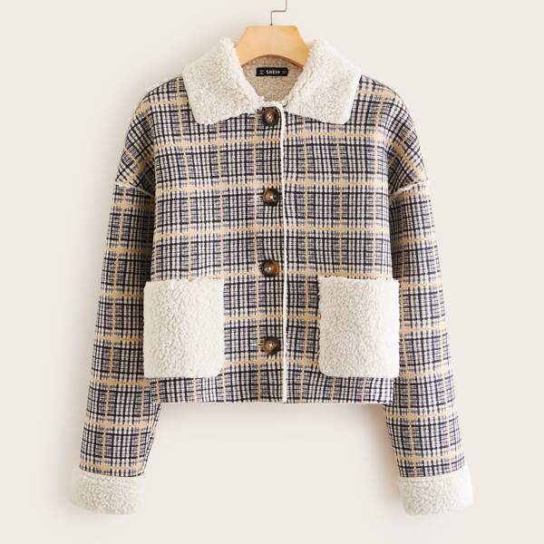 

Single Breasted Teddy Lined Plaid Jacket, Multicolor