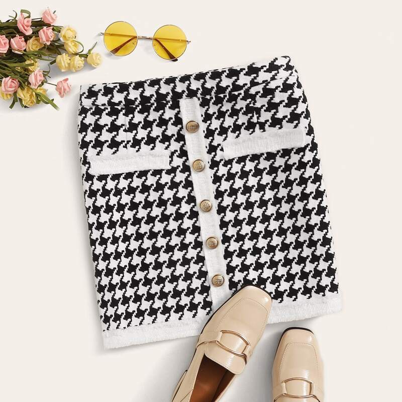 

Button Front Frayed Trim Houndstooth Tweed Bodycon Skirt, Black and white