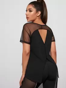 SHEIN Sports 網紗拼接後鏤空運動t恤