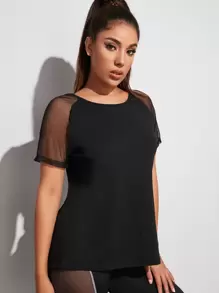 SHEIN Sports 網紗拼接後鏤空運動t恤