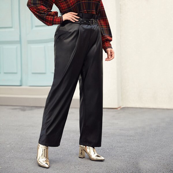 

Plus Paperbag Waist Buckle Belted PU Pants, Black