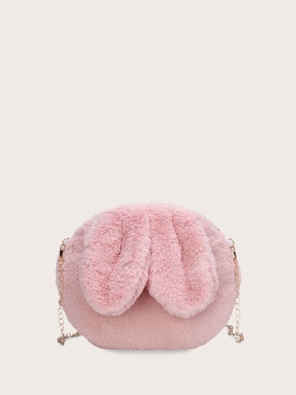 

Girls Fluffy Rabbit Design Chain Bag, Pink