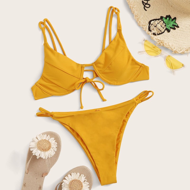 

Knot Back Top With High Cut Bikini Set, Yellow