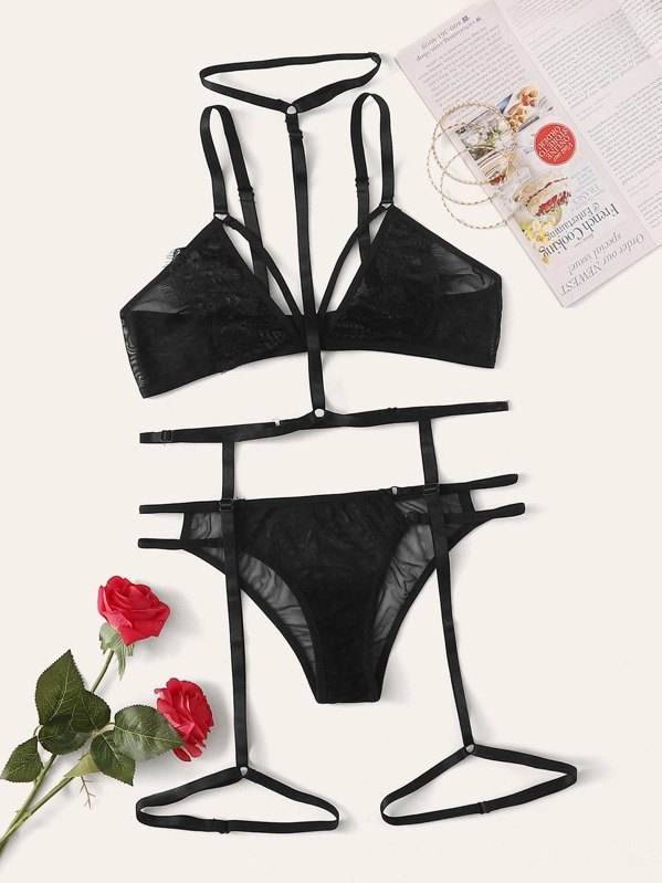 

Sheer Mesh Garter Lingerie Set & Choker, Black