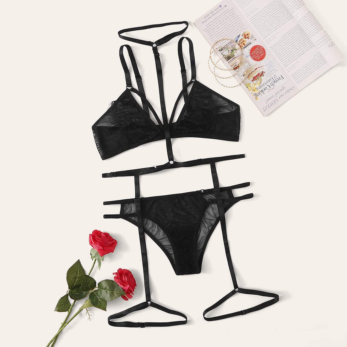 

Sheer Mesh Garter Lingerie Set & Choker, Black