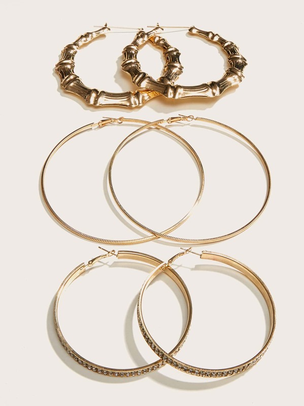 

3pairs Rhinestone Engraved & Bamboo Joint Hoop Earrings, Gold