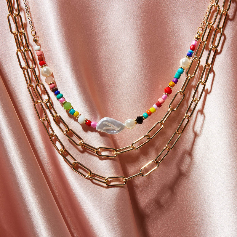 

1pc Colorful Beaded Layered Chain Necklace, Gold