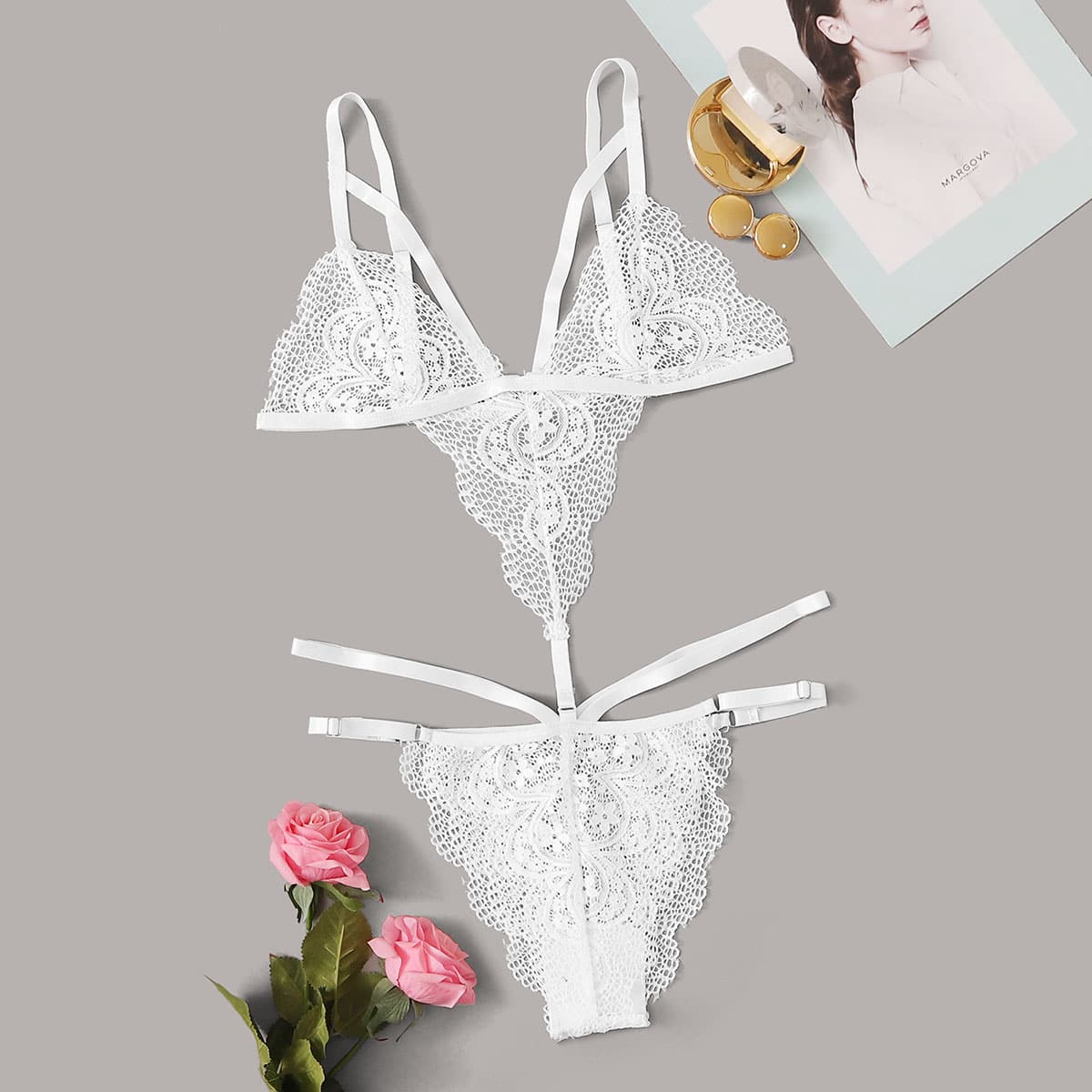 

Floral Lace Teddy Bodysuit, White