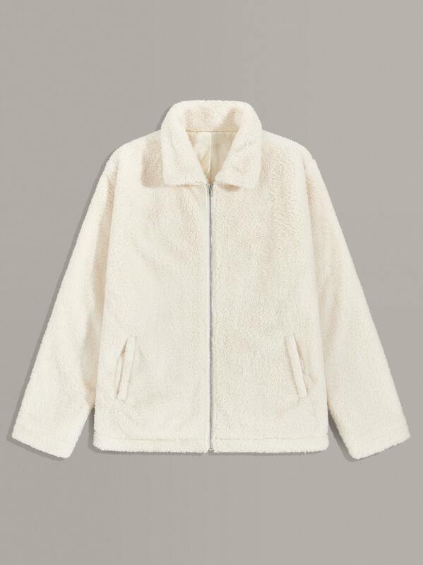 

Men Solid Zip Up Fleece Jacket, Beige