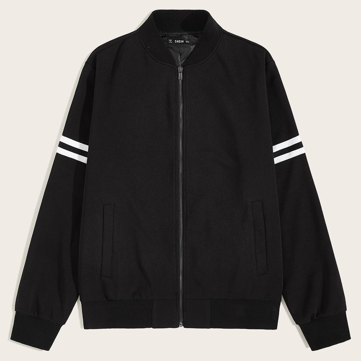 

Guys Striped Sleeve Zipper Front Bomber Jacket, Black