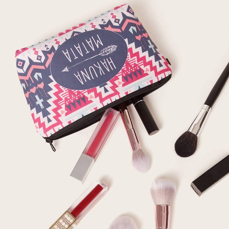 

Letter & Geometric Pattern Makeup Bag, Multicolor